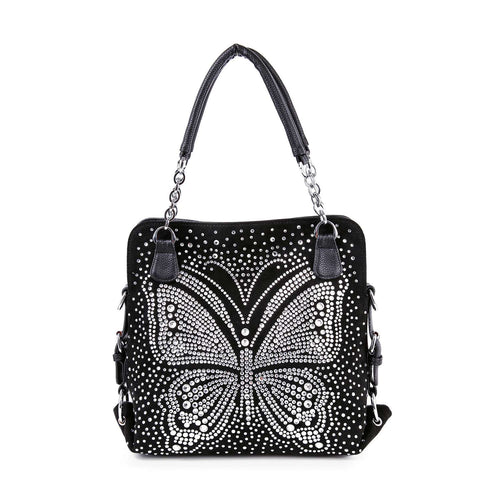 Dazzling Rhinestone Butterfly Shoulder Bag - Black Vegan Leather