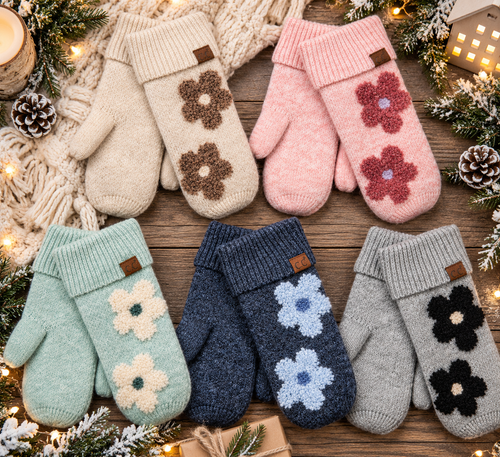 C.C Daisy Pattern Knit Mittens | Cozy Floral Winter Mittens