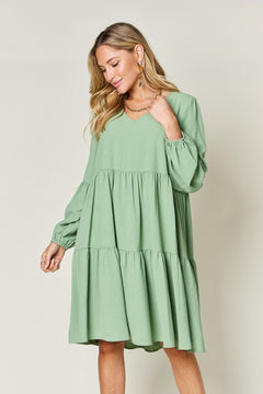 Double Take Full Size V-Neck Balloon Sleeve Tiered Dress (Sizes S-3XL)