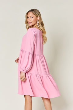 Double Take Full Size V-Neck Balloon Sleeve Tiered Dress (Sizes S-3XL)