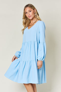 Double Take Full Size V-Neck Balloon Sleeve Tiered Dress (Sizes S-3XL)