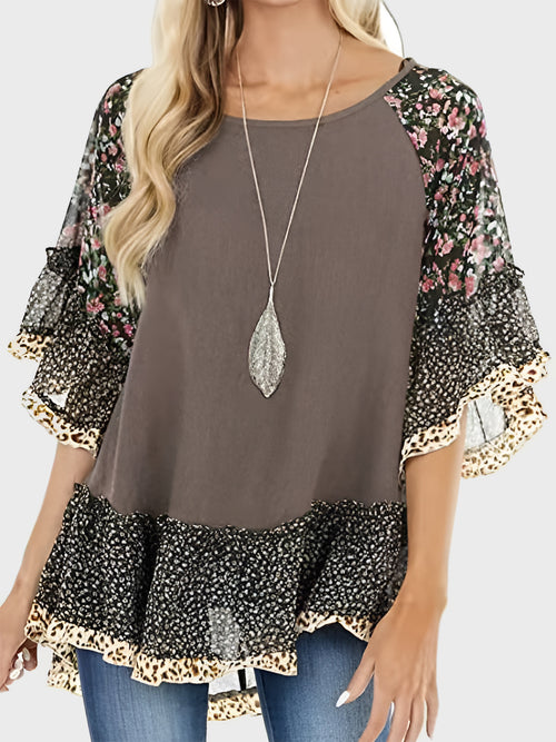 Elegant Full Size Frill Printed Round Neck Blouse – Available in 7 Vibrant Colors