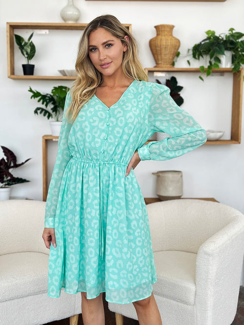 Double Take Full Size Printed Ruched V-Neck Long Sleeve Dress (Sizes S-3XL)