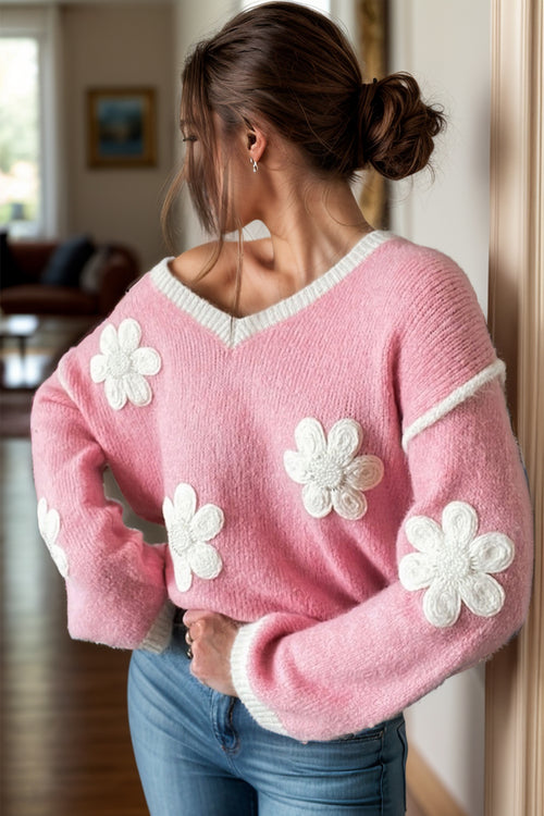 Chic Flower V-Neck Dropped Shoulder Sweater - Available in Sizes Small to X-Large | Shop Now!