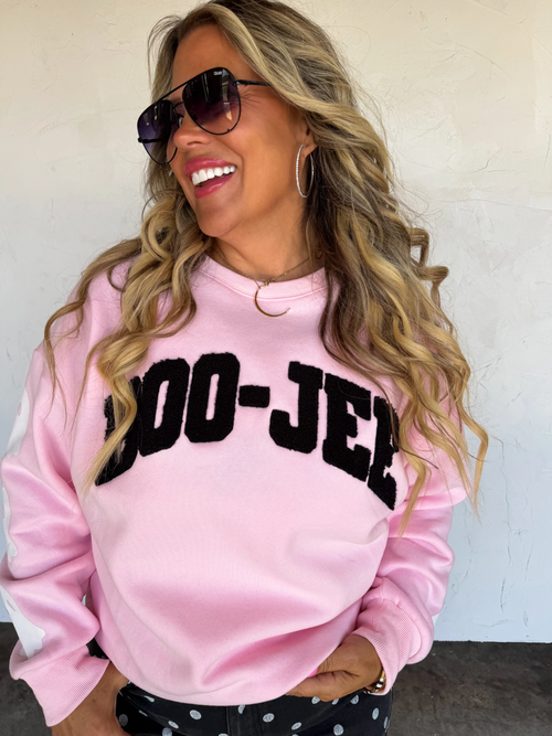 BOO-JEE chenille lettering detail on pink pullover