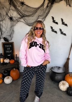 Pink BOO-JEE ghost pullover styled with Halloween decor