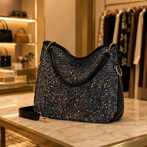 A black hobo handbag covered in dense iridescent rhinestones, displayed on a marble counter inside a boutique with clothing racks and shelves in the background.