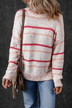 Pink & White Confetti Round Neck Dropped Shoulder Sweater – Cozy & Fun