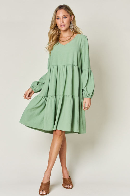 Double Take Full Size V-Neck Balloon Sleeve Tiered Dress (Sizes S-3XL)