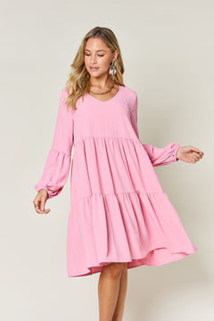 Double Take Full Size V-Neck Balloon Sleeve Tiered Dress (Sizes S-3XL)