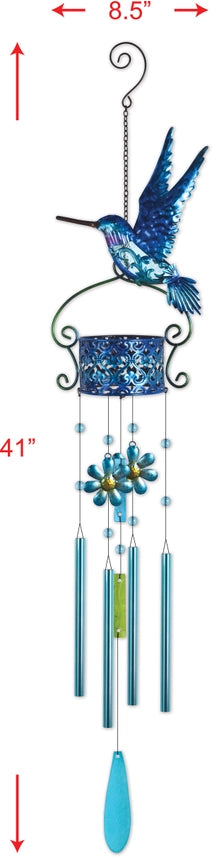 Blue hummingbird garden wind chime with dimensions shown, measuring 8.5 by 41 inches