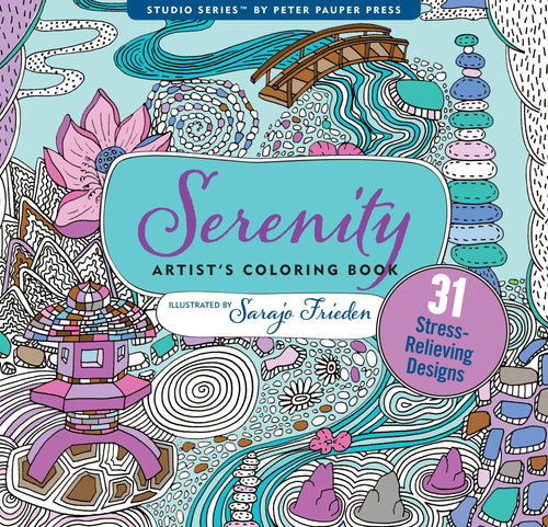 Coloring book titled 'Serenity' with artistic designs and text on a colorful background.