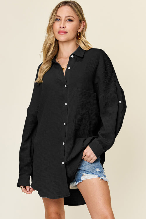 Double Take Full Size Pocketed Texture Button Up Shirt - Versatile Layering Piece for Every Occasion