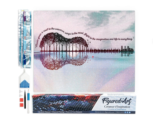 Landscape Guitar diamond painting kit contents with canvas, tools, wax, tray, and storage bags