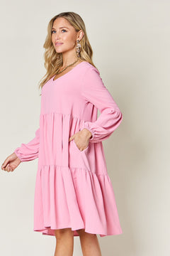 Double Take Full Size V-Neck Balloon Sleeve Tiered Dress (Sizes S-3XL)