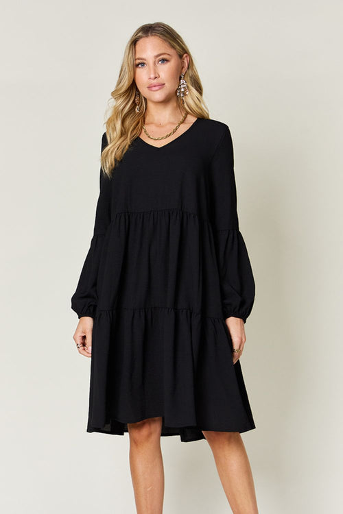 Double Take Full Size V-Neck Balloon Sleeve Tiered Dress (Sizes S-3XL)