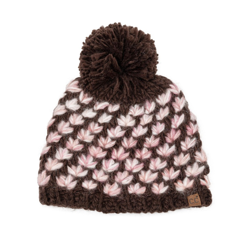 C.C popcorn stitch matching hat and mitten set in Brown; hat shown, mittens included in set