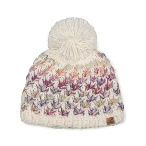 C.C popcorn stitch matching hat and mitten set in Ivory; hat shown, mittens included in set