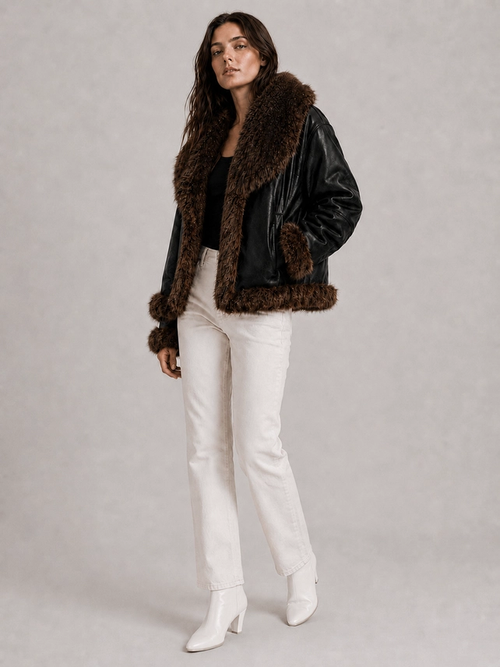 Cold Spring reversible vegan leather and faux fur jacket — Black/Coffee full-body look