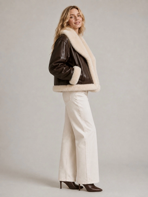 Cold Spring reversible vegan leather and faux fur jacket — Coffee/Beige side view