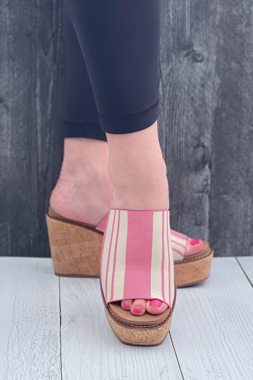 Corkys Mugshot Wedge Heel in Pink Natural Stripe – Stylish Slip-On Sandals for Women, Comfortable Cork Wedges