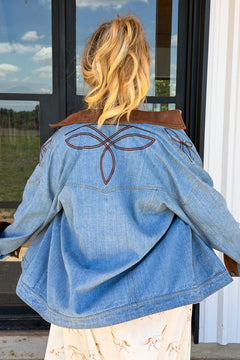 Cowboy Romance Denim Jacket back view with western-inspired embroidery