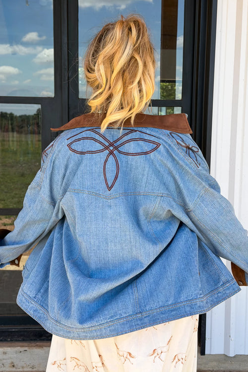 Cowboy Romance Denim Jacket back view with western-inspired embroidery