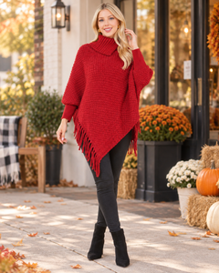 Red cozy cowl neck fringe poncho styled for fall