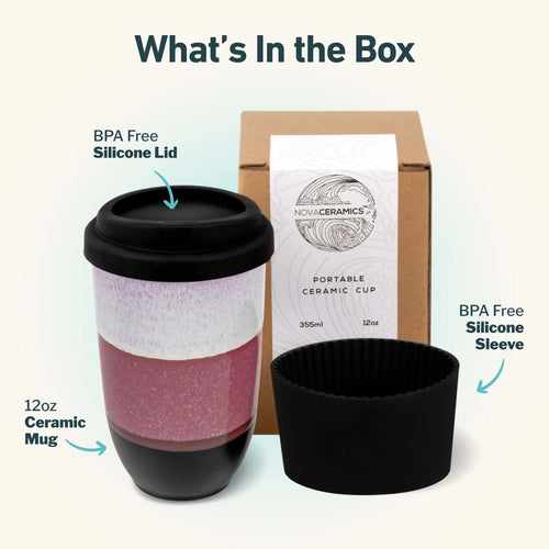Portable ceramic cup with BPA-free silicone lid and sleeve, shown with packaging and branding.