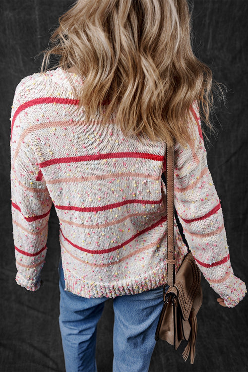 Pink & White Confetti Round Neck Dropped Shoulder Sweater – Cozy & Fun