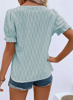 Ruffled Texture Notched Short Sleeve Blouse – Lightweight & Versatile Top for Women