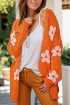 Chic Flower Patterned Open Front Long Sleeve Cardigan - Vibrant Orange