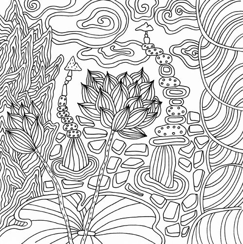 Botanical coloring page with lotus flowers, stacked stones, and flowing water-inspired line art.