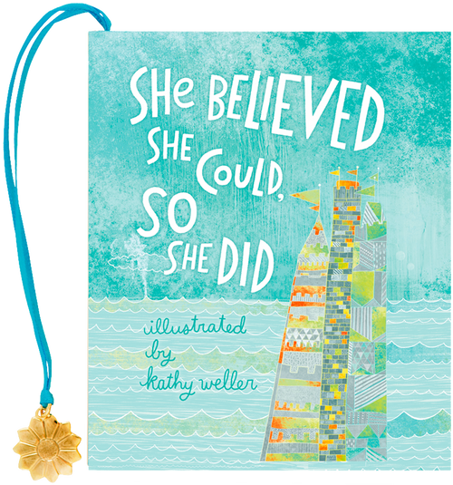 She Believed She Could, So She Did Everyday Mini Book with teal cover and gold flower charm bookmark.