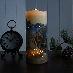 A Savior Is Born Nativity fiber optic candle