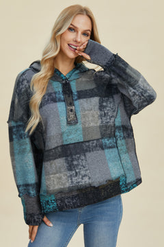 Double Take Full Size Plaid Dropped Shoulder Hoodie - Sizes Small through 3XL