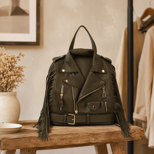 An olive green vegan-leather biker jacket backpack with long fringe details and gold-tone hardware, displayed on a rustic wooden bench in a warm, styled interior setting.