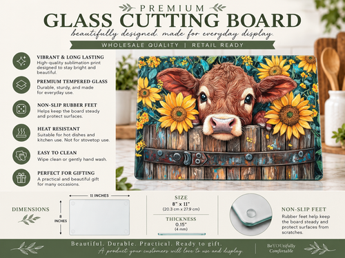 A premium glass cutting board with a rustic wooden fence and cow design, shown with product specifications, dimensions, and care instructions on a white background.