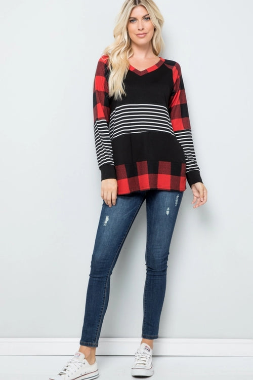 Plaid & Stripe Color Block Long Sleeve Top — Red or Black/White