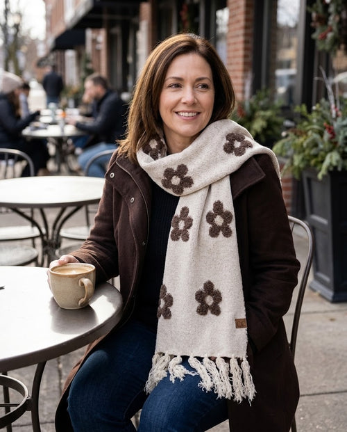 C.C Daisy Pattern Scarf | Cozy Floral Fringe Winter Scarf