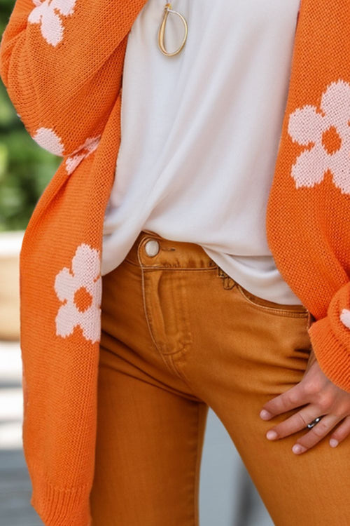 Chic Flower Patterned Open Front Long Sleeve Cardigan - Vibrant Orange