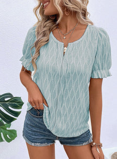 Ruffled Texture Notched Short Sleeve Blouse – Lightweight & Versatile Top for Women