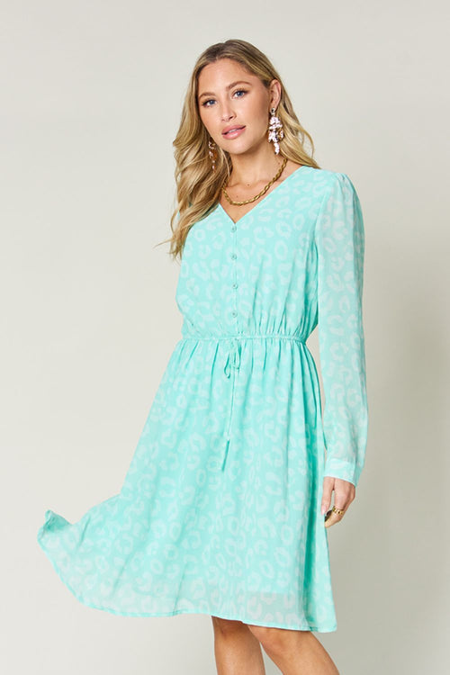 Double Take Full Size Printed Ruched V-Neck Long Sleeve Dress (Sizes S-3XL)