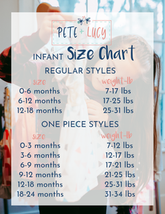 Infant size chart for Pete & Lucy