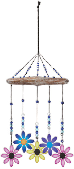 Colorful painted flower hanging garden decor with wood beam and bead accents.