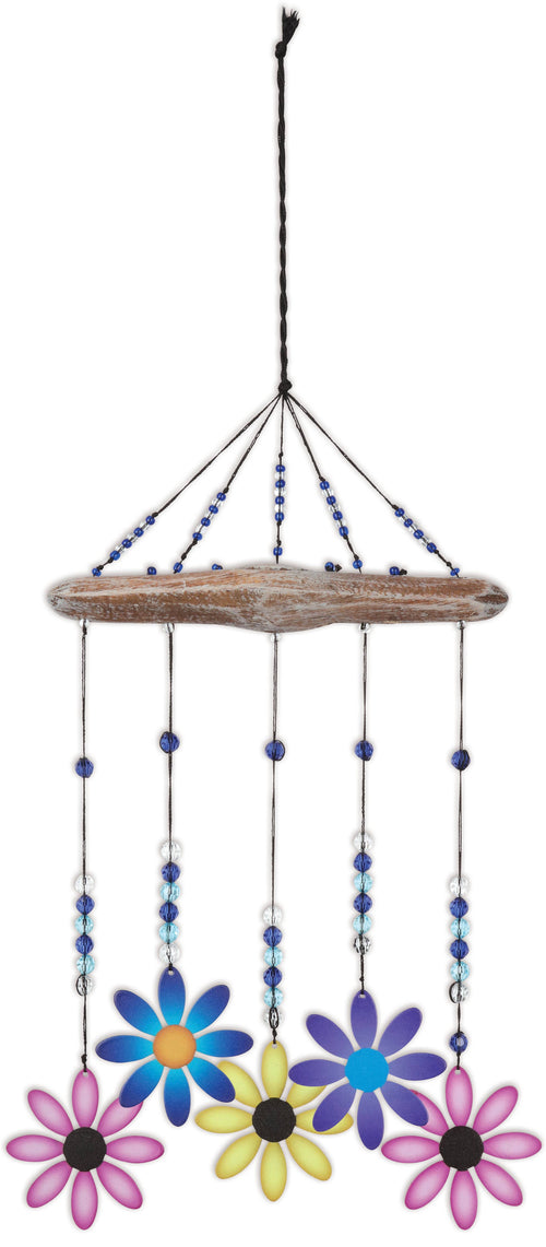 Colorful painted flower hanging garden decor with wood beam and bead accents.