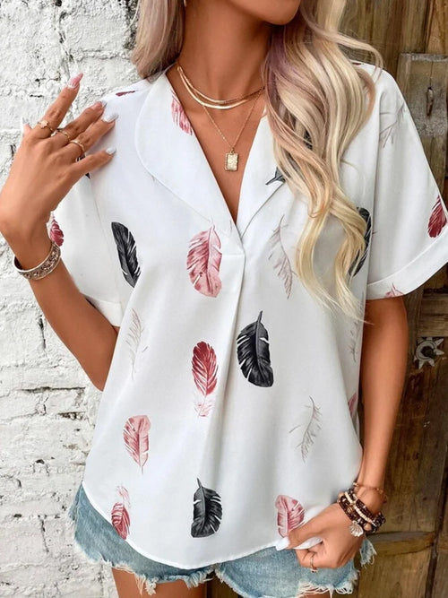 Elegant Full Size Printed Collared Neck Short Sleeve Blouse - Sizes Small to 5XL