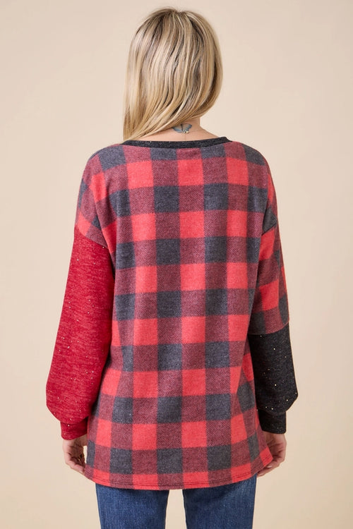 Cozy Plaid Sparkle V-Neck Tunic — Red or Green