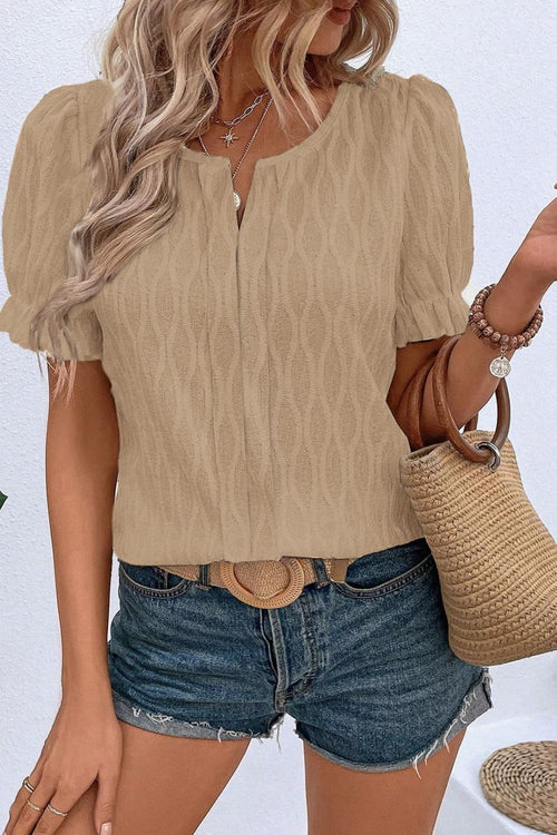 Ruffled Texture Notched Short Sleeve Blouse – Lightweight & Versatile Top for Women