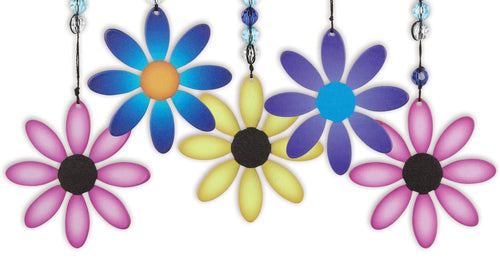 Close-up of painted flower hanging decor with bright floral accents and beads.